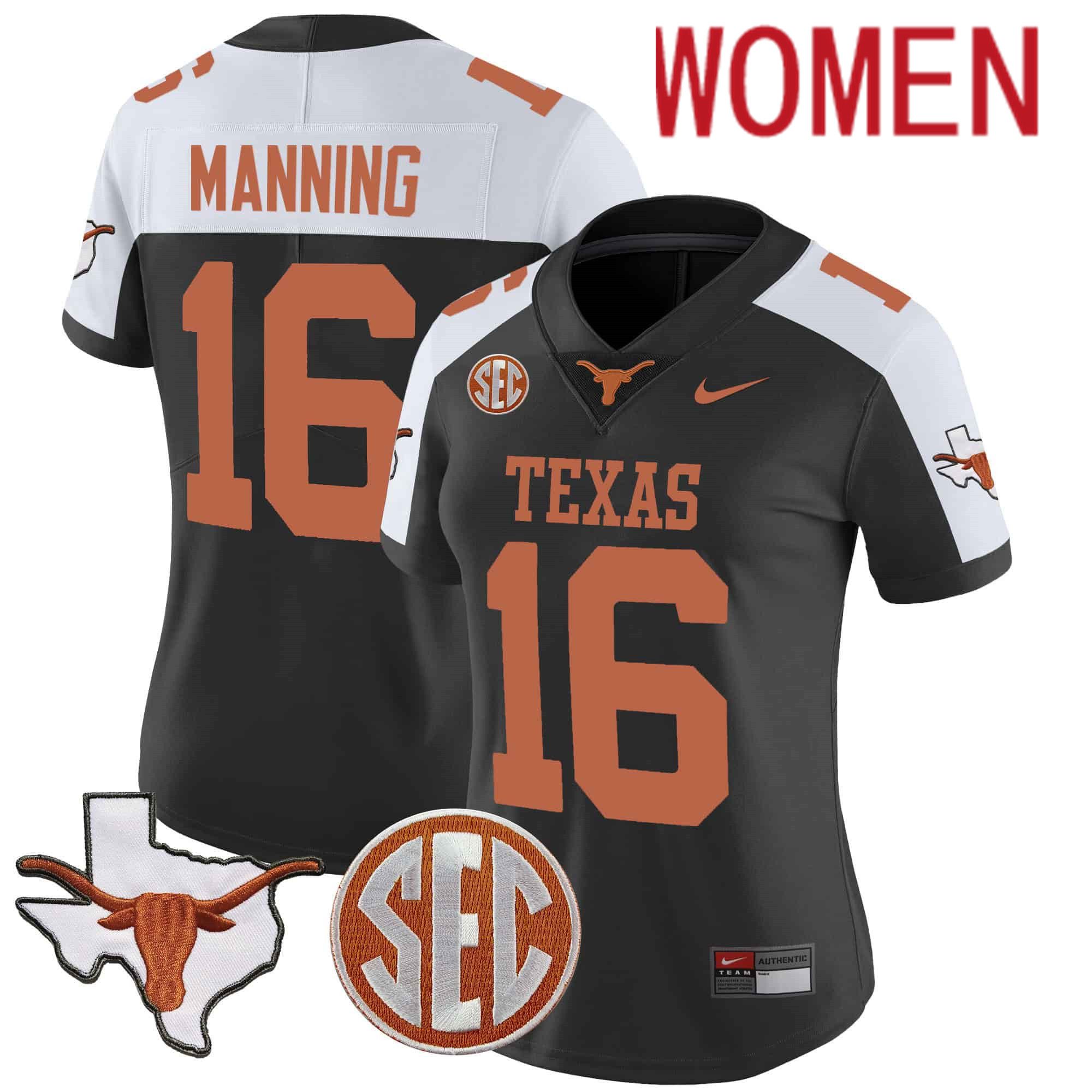 Women Texas Longhorns #16 Manning Black 2024 Nike State Map & SEC Patch Vapor NCAA Jersey->women nfl jersey->Women Jersey